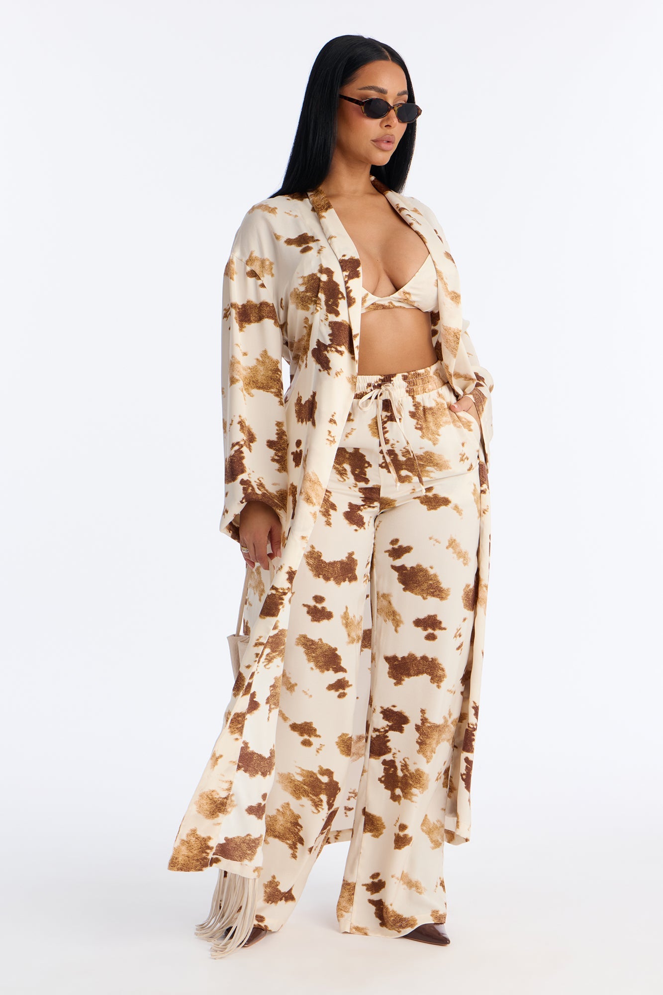 Mood Setter Satin Cow Print 3 Piece Pant Set - Cream/combo