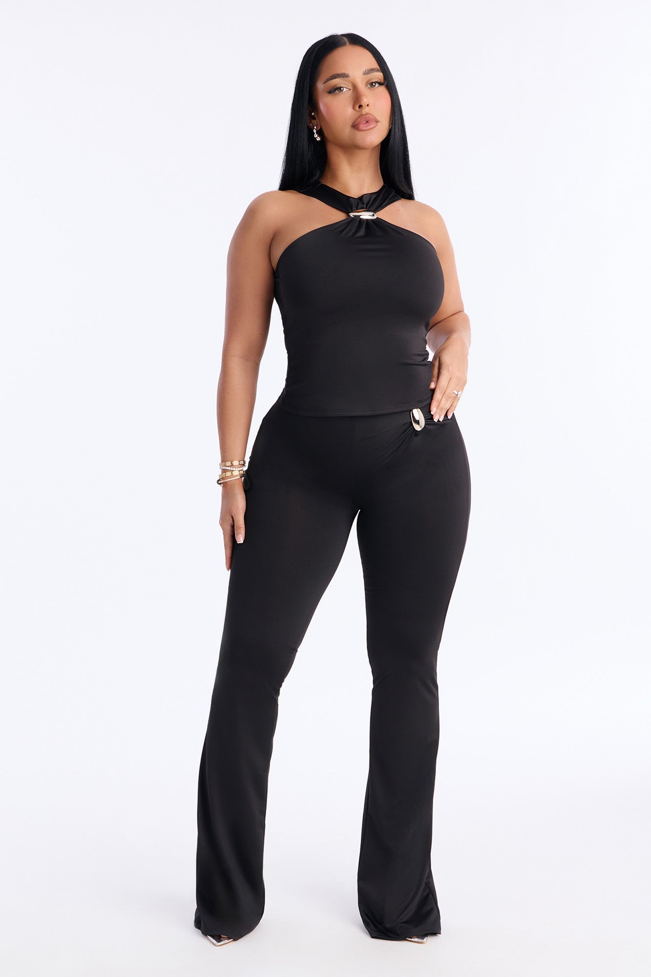 Moxi Hardware Flare Pant Set - Black