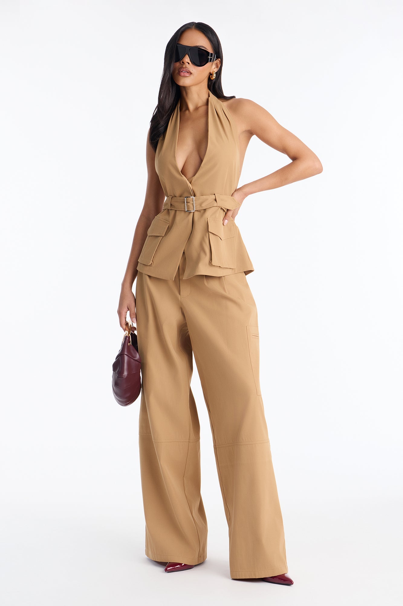 Cool And Collected Belted Pant Set - Khaki