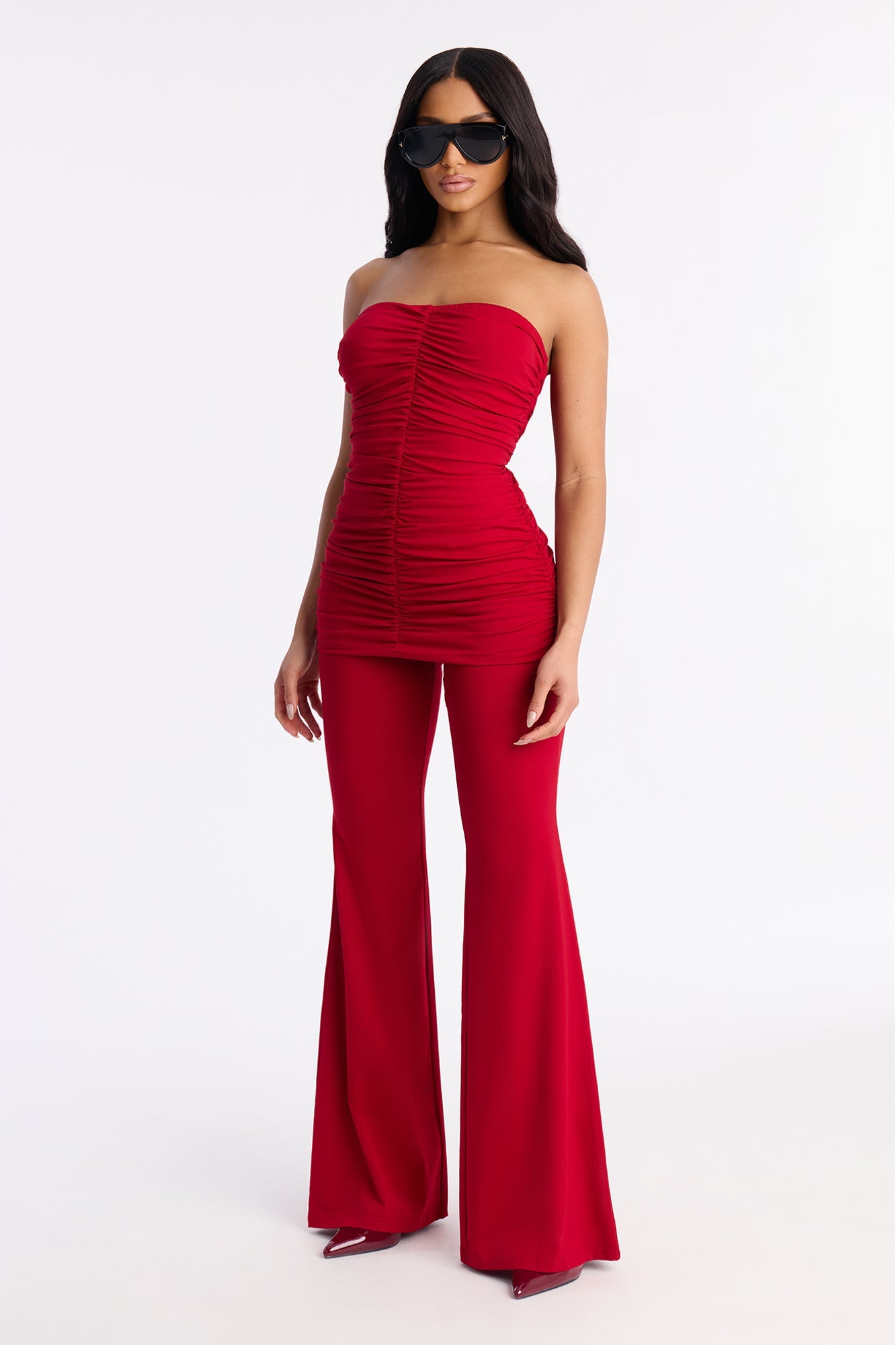 Adalina Ruched Flare Leg Pant Set - Red