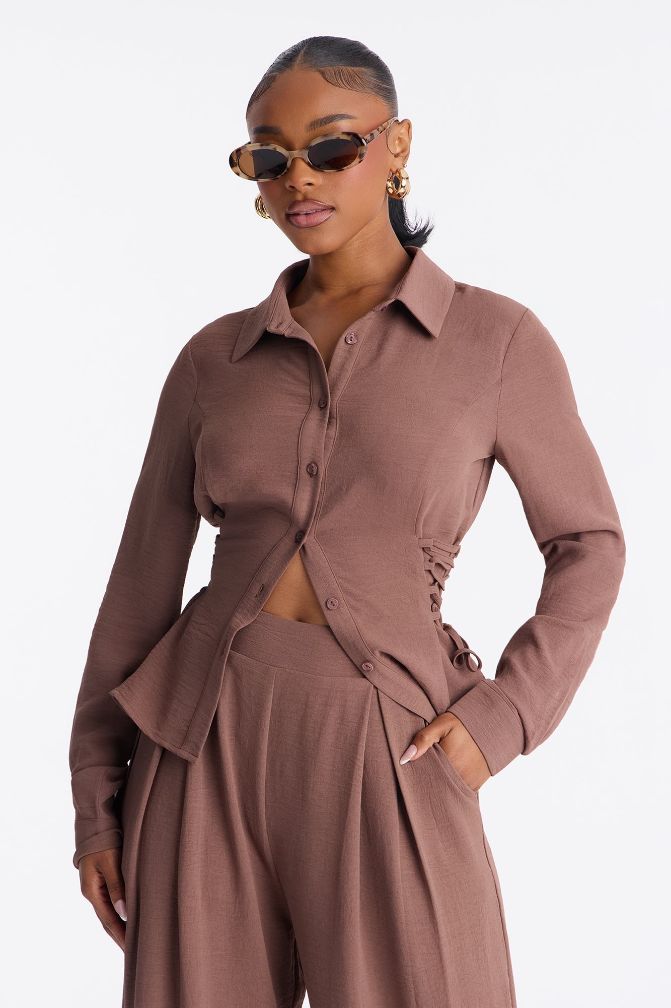 Lonnie Lace Up Sides Wide Leg Pant Set - Brown
