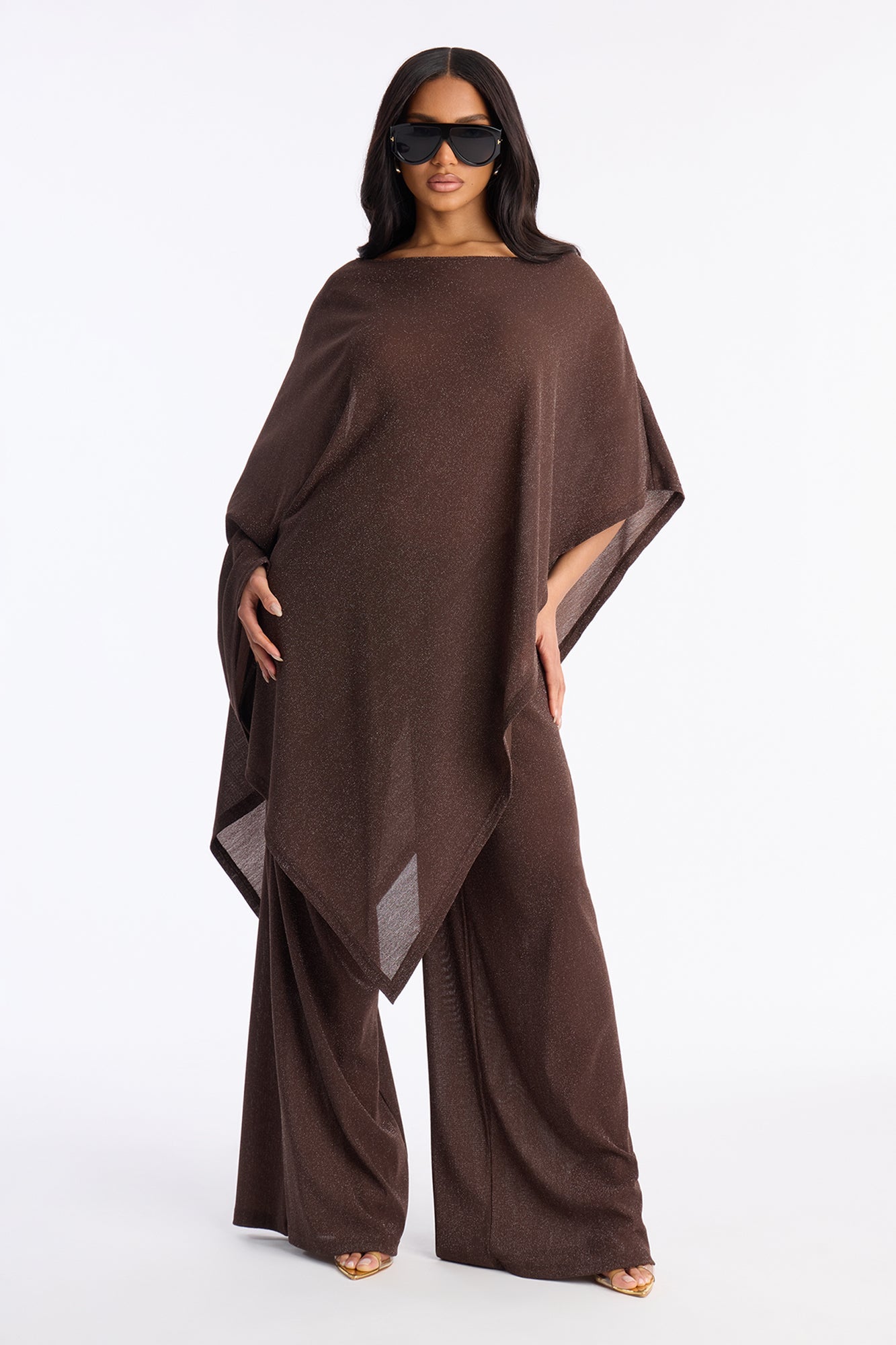 Yareli Metallic Mesh Cape Pant Set - Chocolate
