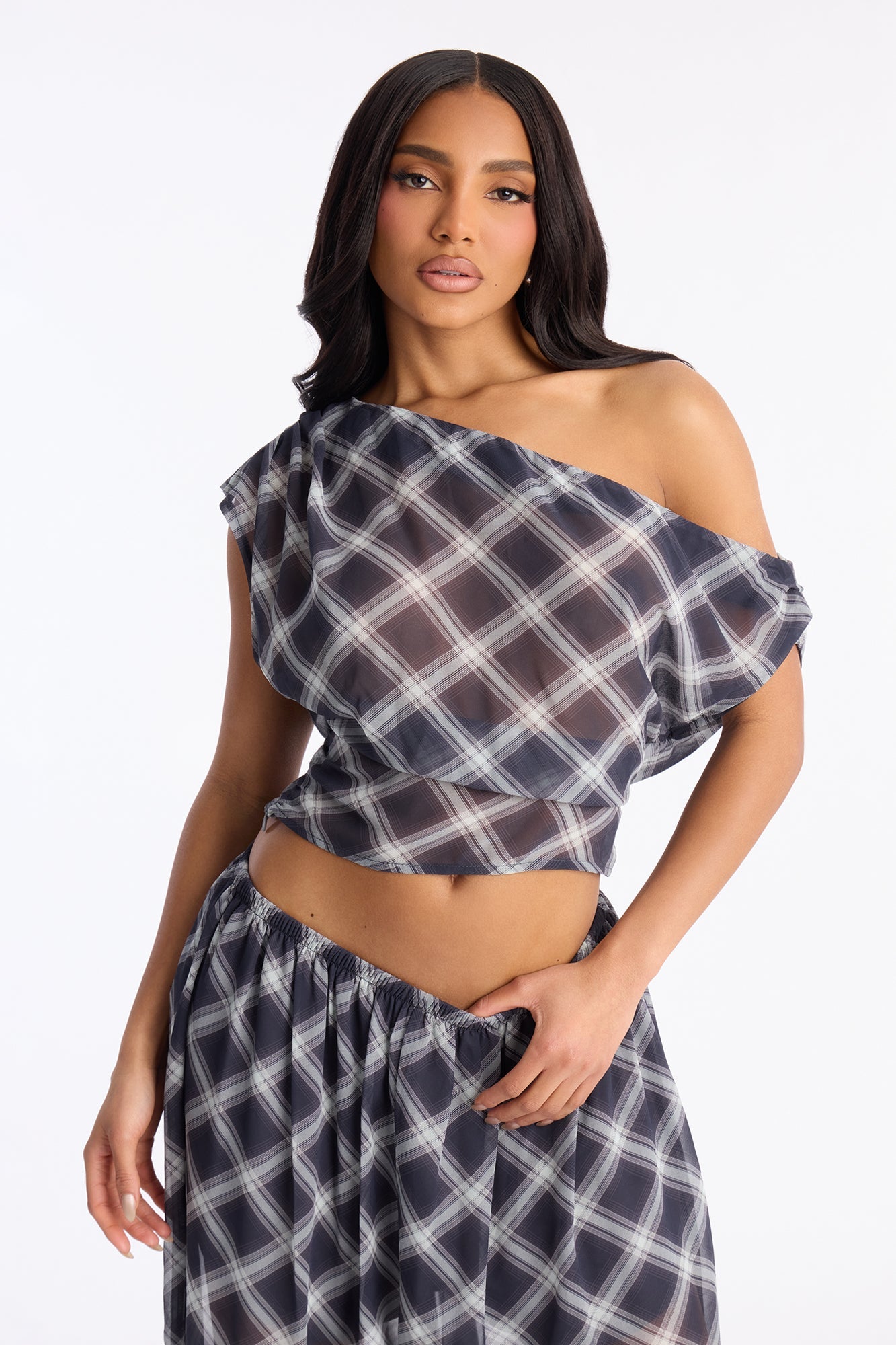 Mina Plaid Chiffon Balloon Pant Set - Navy/combo