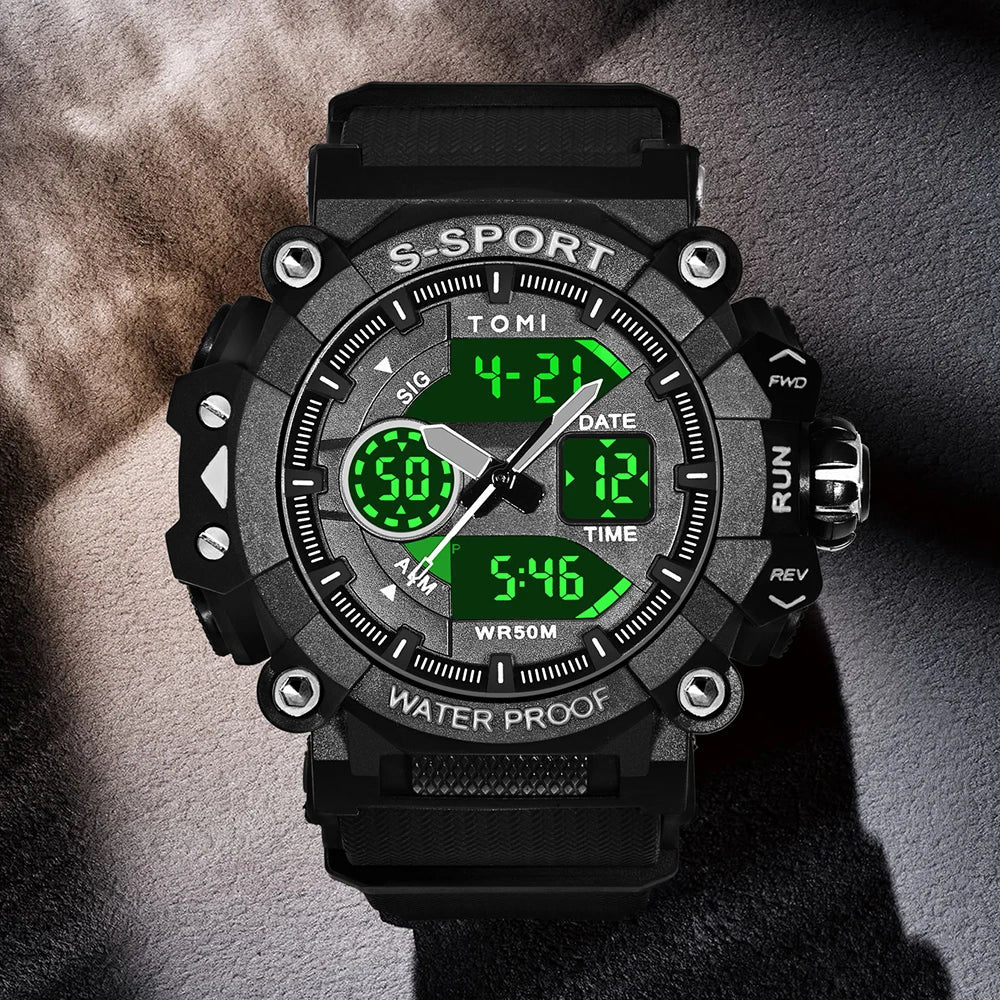 TOMI Men Sports Watch Simple Outdoor Sports Waterproof Double Display Night Light Men Electronic Watch Military Sports