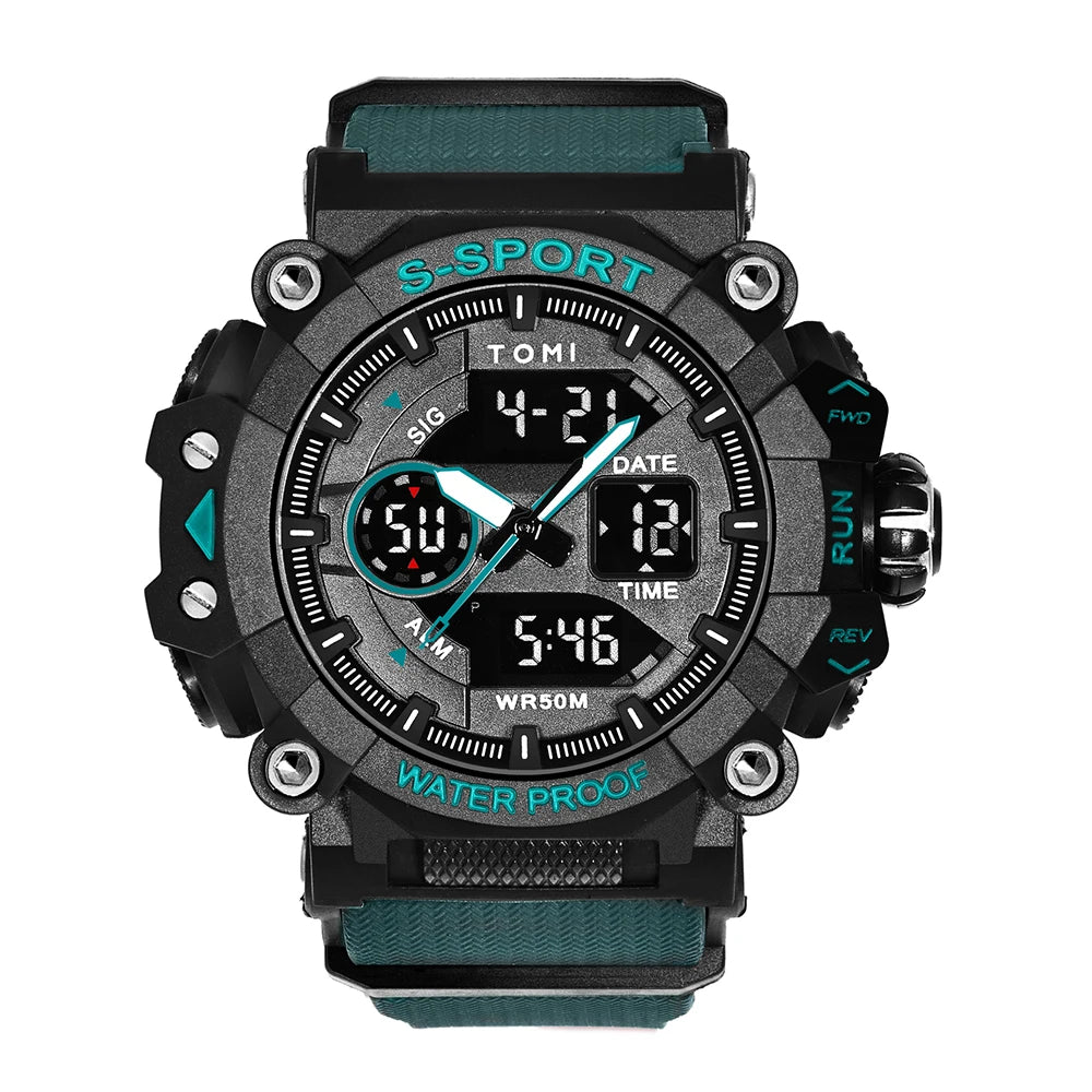 TOMI Men Sports Watch Simple Outdoor Sports Waterproof Double Display Night Light Men Electronic Watch Military Sports