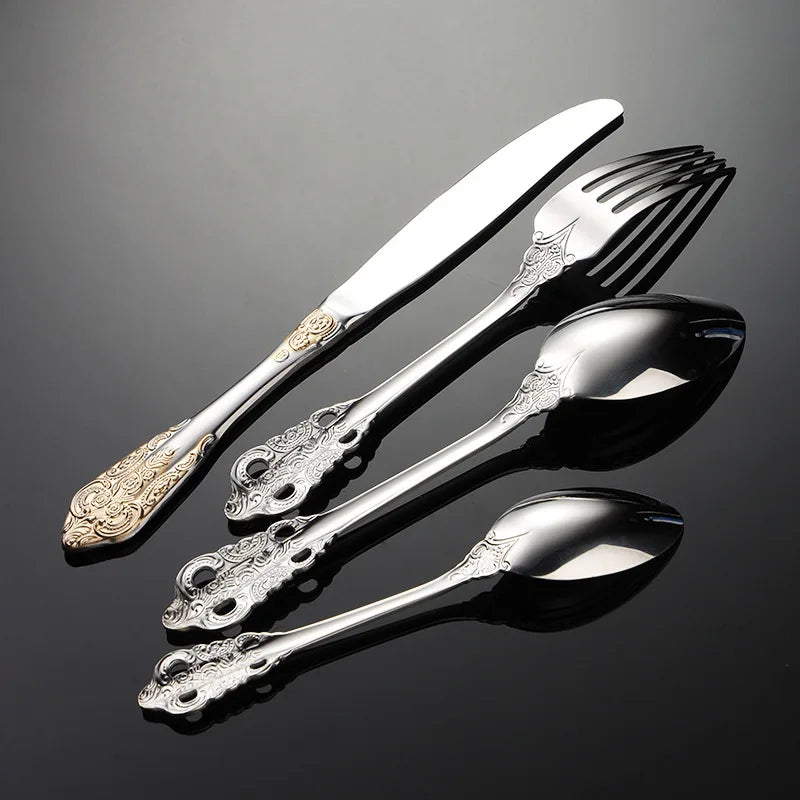 Palace Series Stainless Steel Cutlery Sets Western Food Knives Forks Spoons Teaspoon Luxury Golden Tableware Home and Kitchen