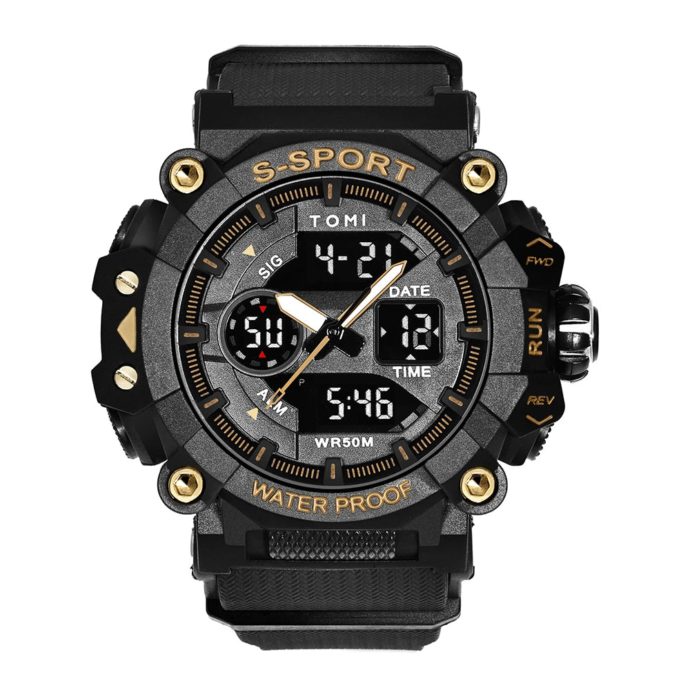 TOMI Men Sports Watch Simple Outdoor Sports Waterproof Double Display Night Light Men Electronic Watch Military Sports