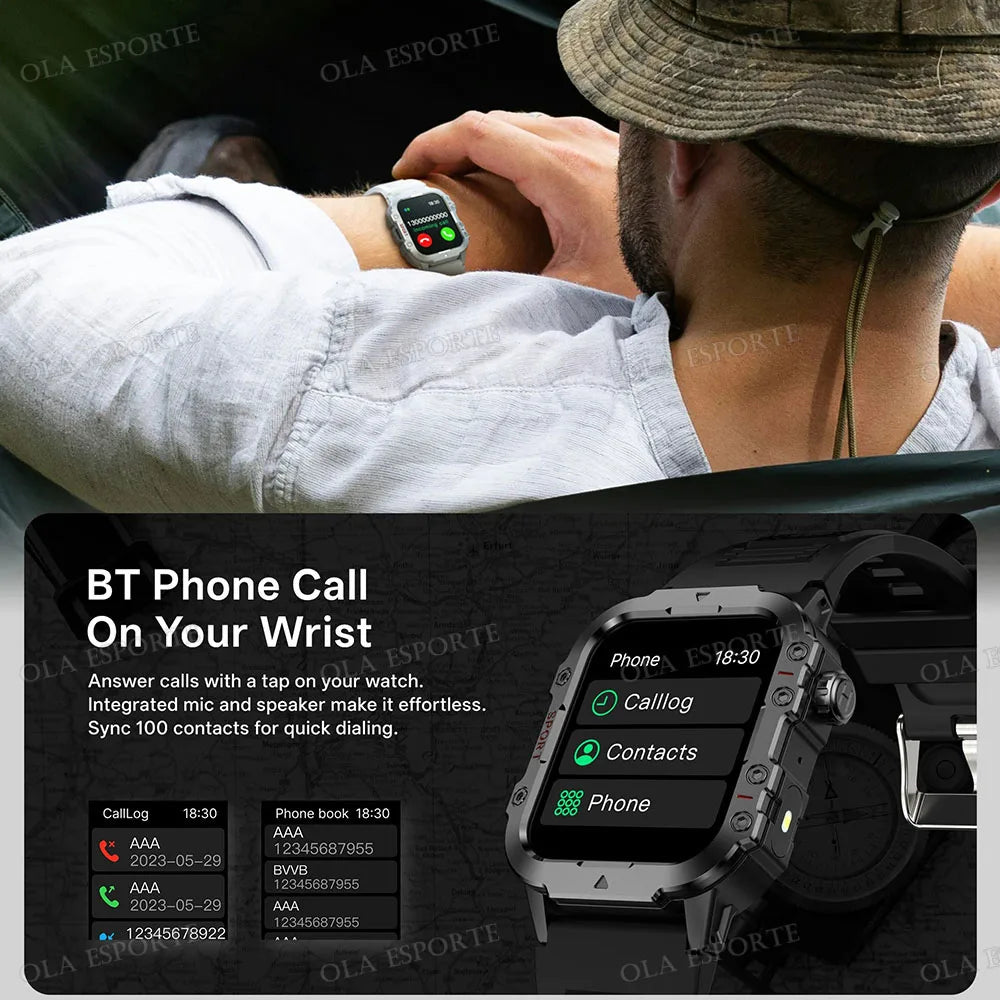 2026 Rugged Military Smart Watch Men's Outdoor Watch LED Flashlight 2.01'' HD Touch Screen Voice Bluetooth Call Smartwatch Gifts