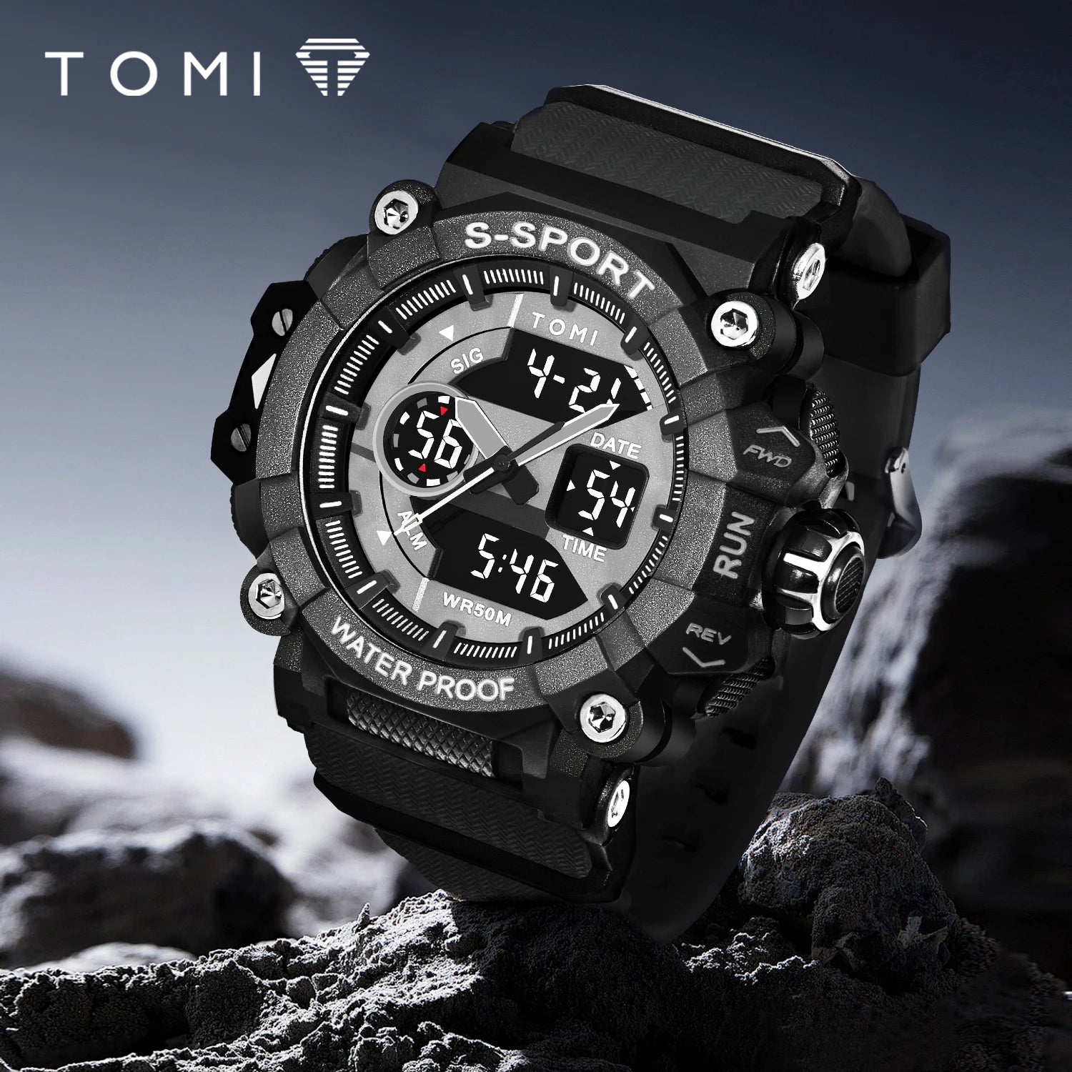 TOMI Men Sports Watch Simple Outdoor Sports Waterproof Double Display Night Light Men Electronic Watch Military Sports