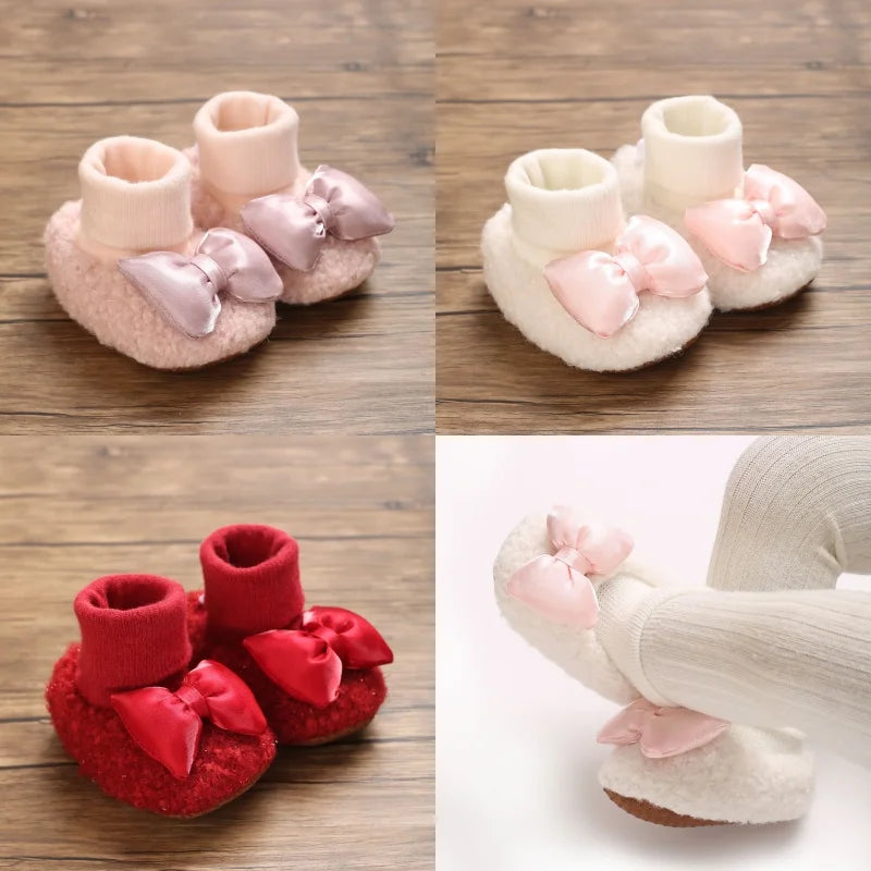 Autumn And Winter New Butterfly Bow Baby Baby Baby Baby Walking Shoes Socks Shoes Thickened Baby Shoes With Plush 0-18M Baby